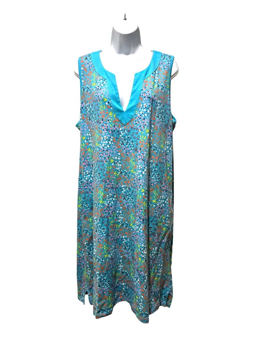 Lands’ End Floral Sleeveless Dress XL Blue Pull On Pockets Casual Midi
